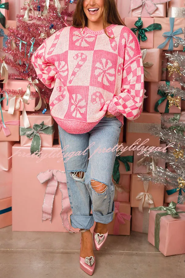Christmas Snowflake Candy Round Neck Long Sleeve Loose Knitted Sweater