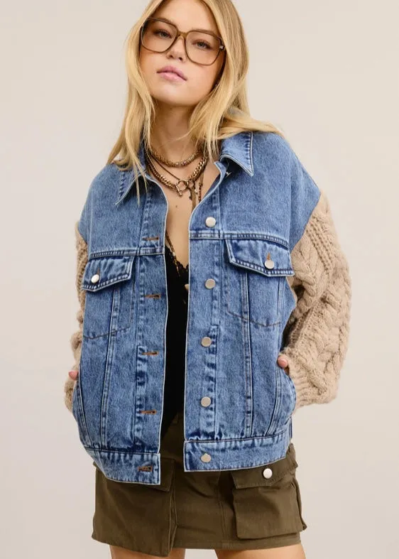 Mimosa Cable Knit Contrast Sleeve Denim Jacket