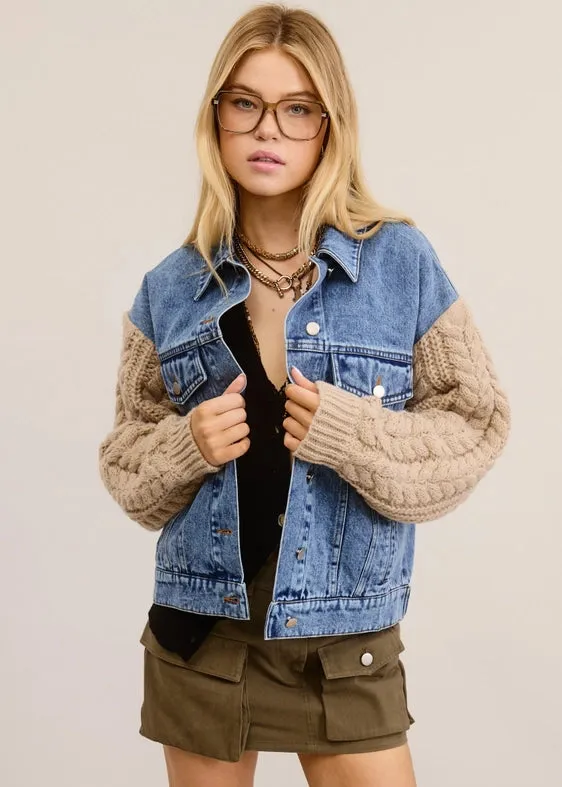 Mimosa Cable Knit Contrast Sleeve Denim Jacket
