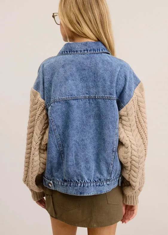 Mimosa Cable Knit Contrast Sleeve Denim Jacket