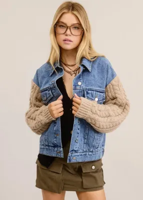 Mimosa Cable Knit Contrast Sleeve Denim Jacket