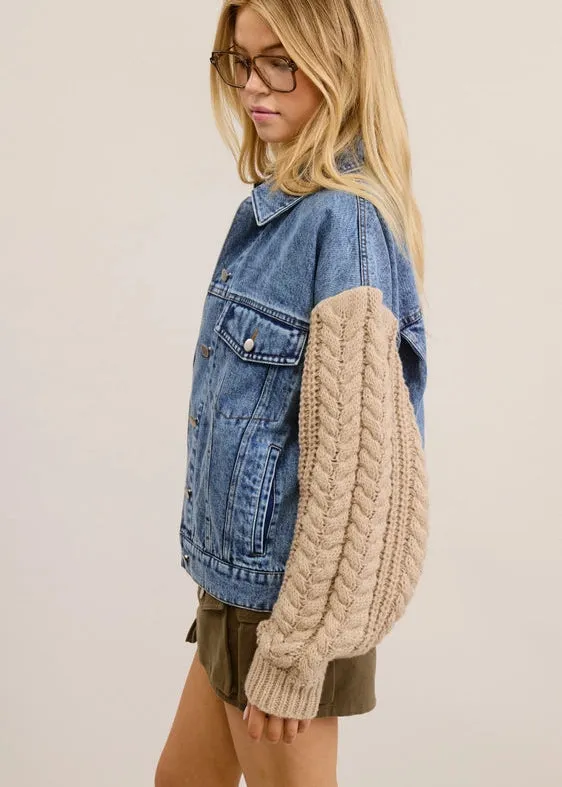 Mimosa Cable Knit Contrast Sleeve Denim Jacket