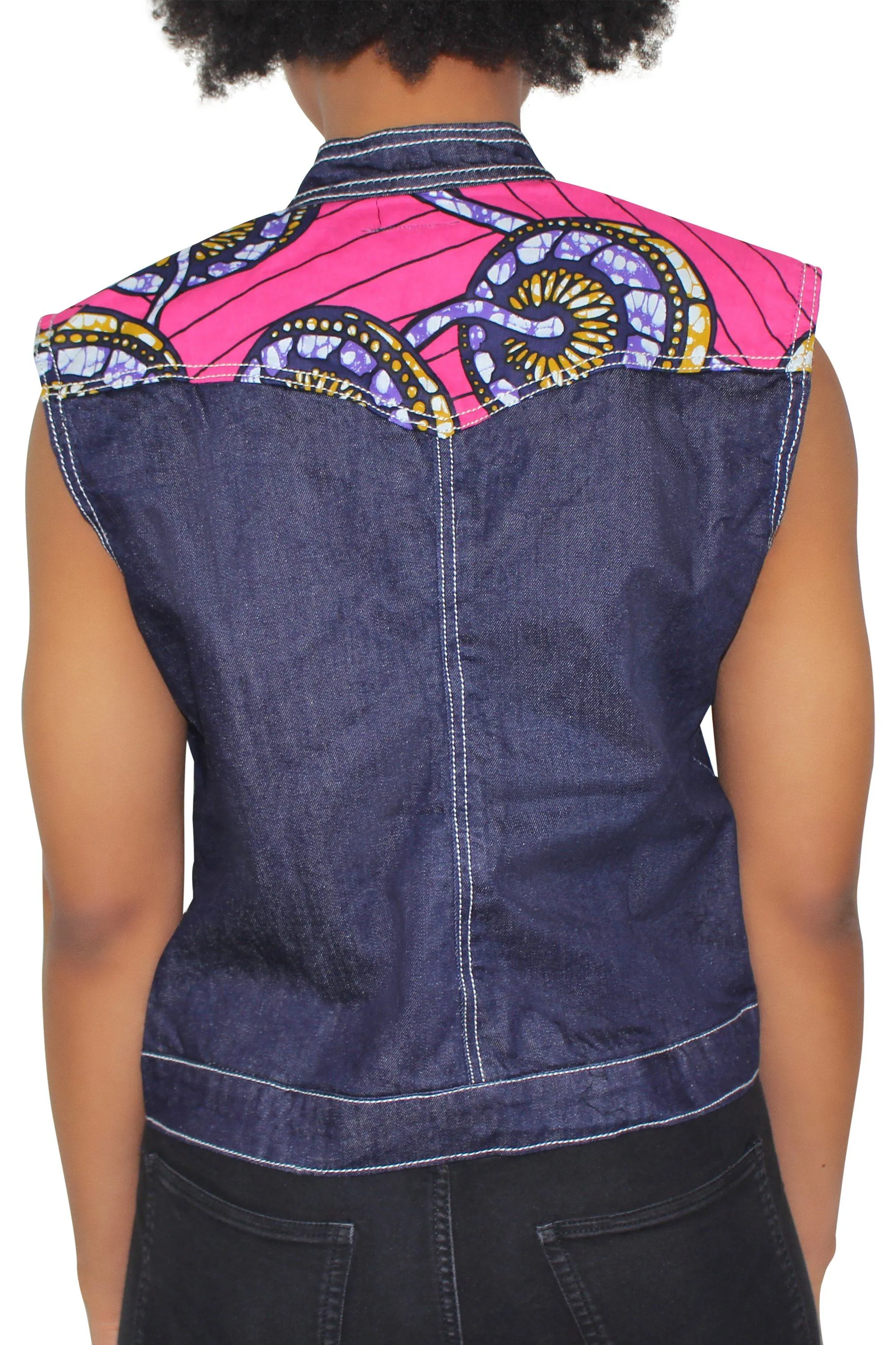 Nala Women's African Print Sleeveless Denim Jacket