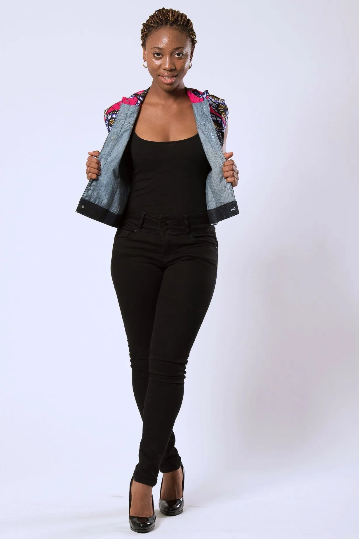 Nala Women's African Print Sleeveless Denim Jacket