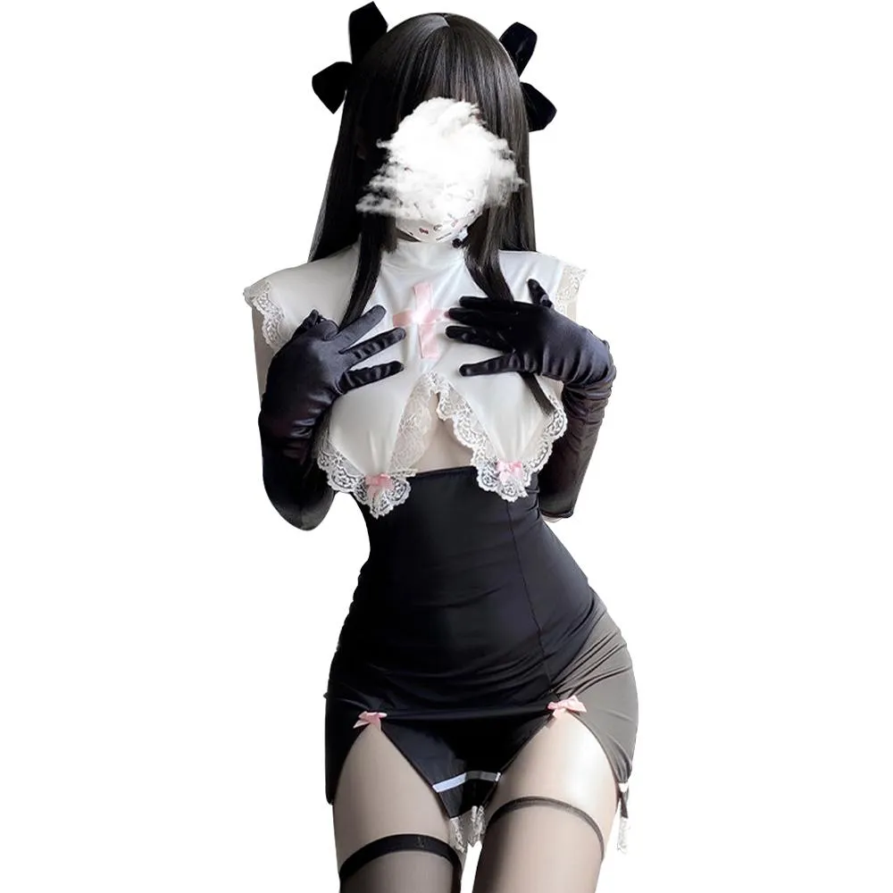 Naughty Maid Outfit Sexy Nun Cosplay Costume Lace Babydoll High Slit Bodycon Dress