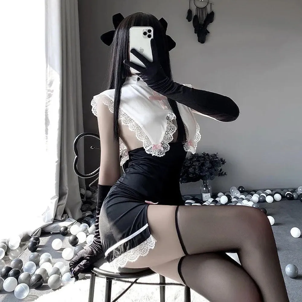 Naughty Maid Outfit Sexy Nun Cosplay Costume Lace Babydoll High Slit Bodycon Dress