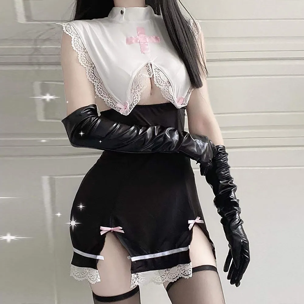 Naughty Maid Outfit Sexy Nun Cosplay Costume Lace Babydoll High Slit Bodycon Dress