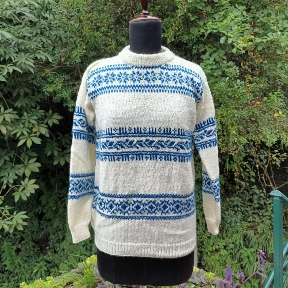 Off-White Pullover | Sweater For Women | Hand Knitted | Blue Stripe Accent