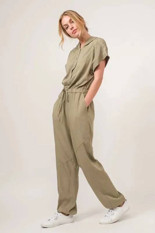 Olive Washed Short Sleeve Hooded Jumpsuit