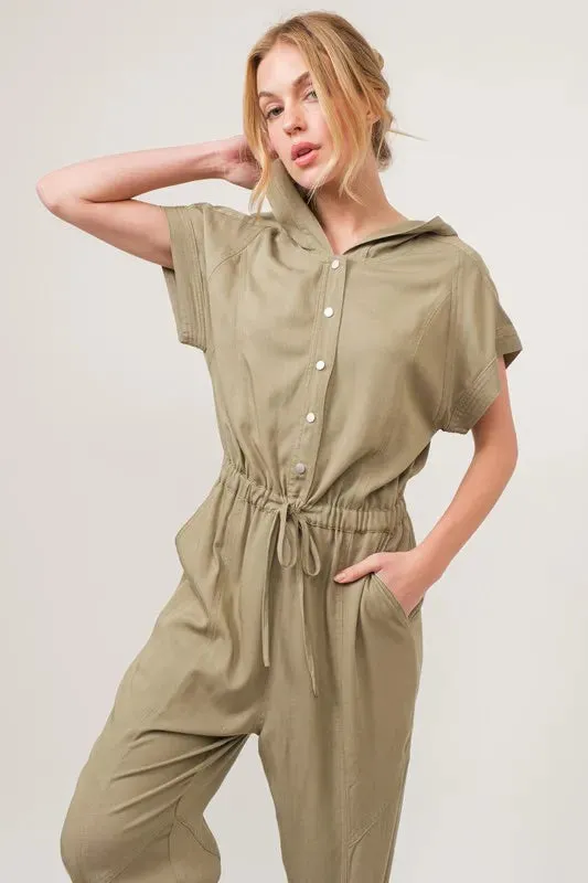 Olive Washed Short Sleeve Hooded Jumpsuit