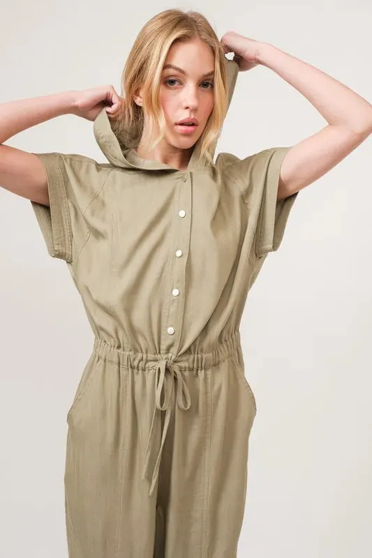 Olive Washed Short Sleeve Hooded Jumpsuit