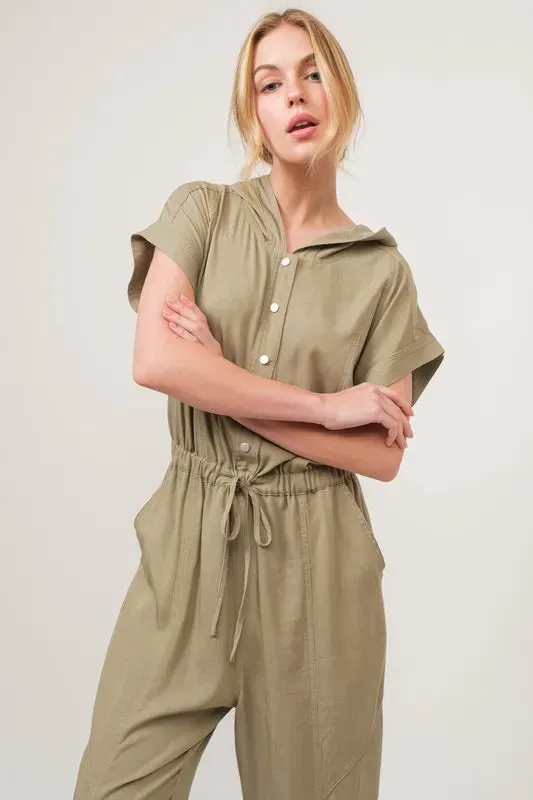 Olive Washed Short Sleeve Hooded Jumpsuit