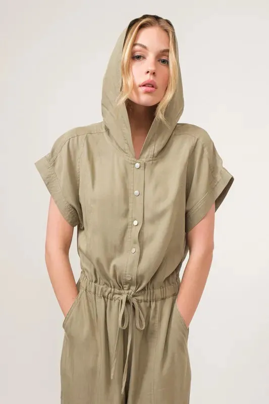 Olive Washed Short Sleeve Hooded Jumpsuit