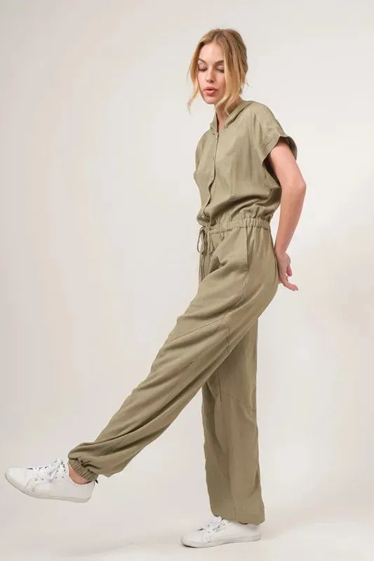 Olive Washed Short Sleeve Hooded Jumpsuit