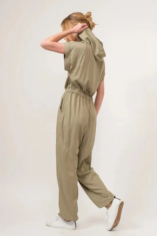 Olive Washed Short Sleeve Hooded Jumpsuit