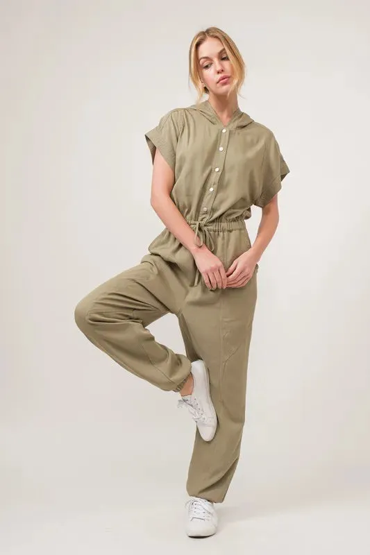 Olive Washed Short Sleeve Hooded Jumpsuit