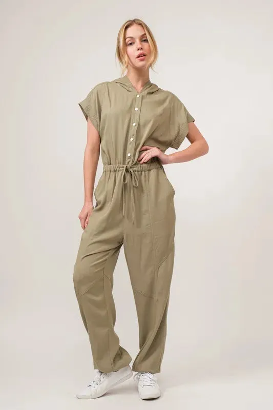 Olive Washed Short Sleeve Hooded Jumpsuit