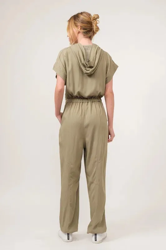 Olive Washed Short Sleeve Hooded Jumpsuit
