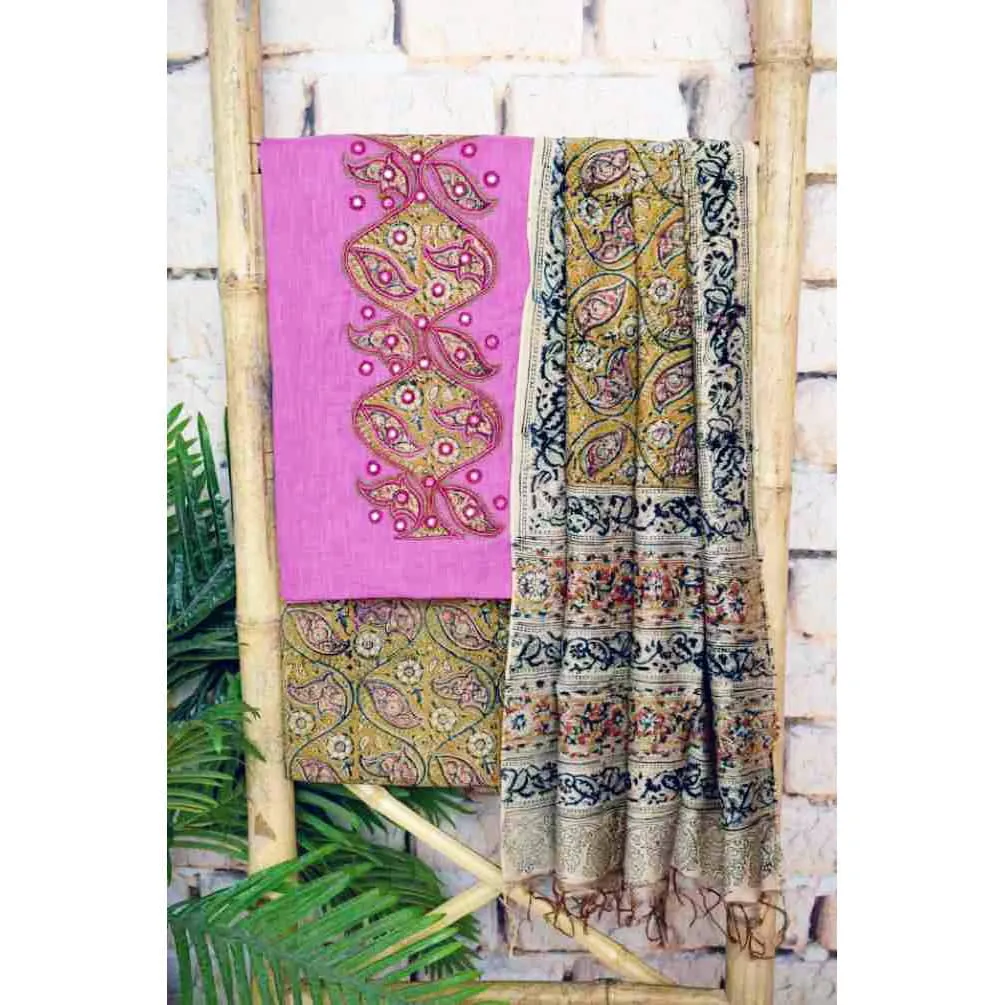 Pink Kalamkari Unstitched Suit - Full Panel Embroidery