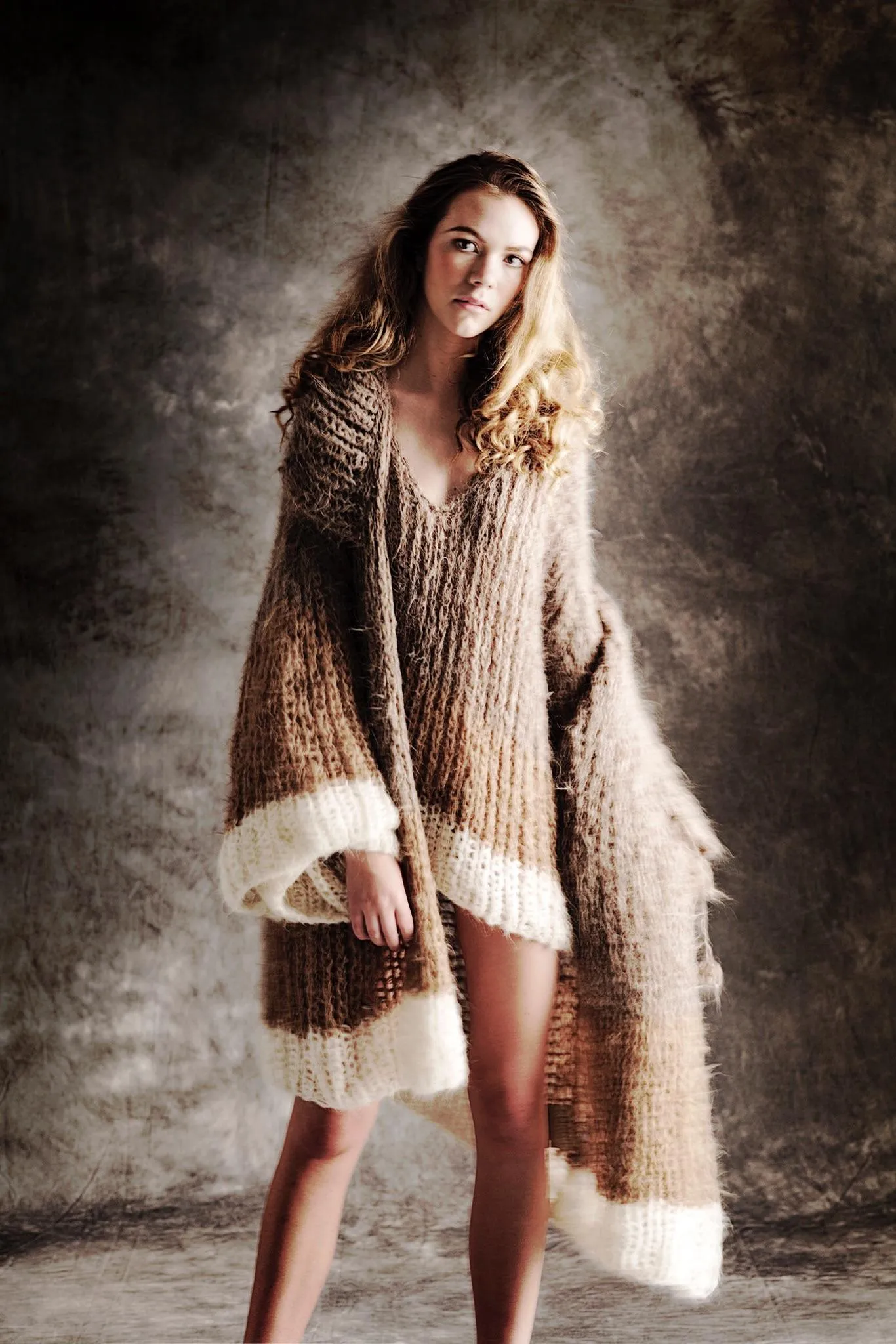 Shawl collar handknit cardigan (alpaca) - tri colour blues