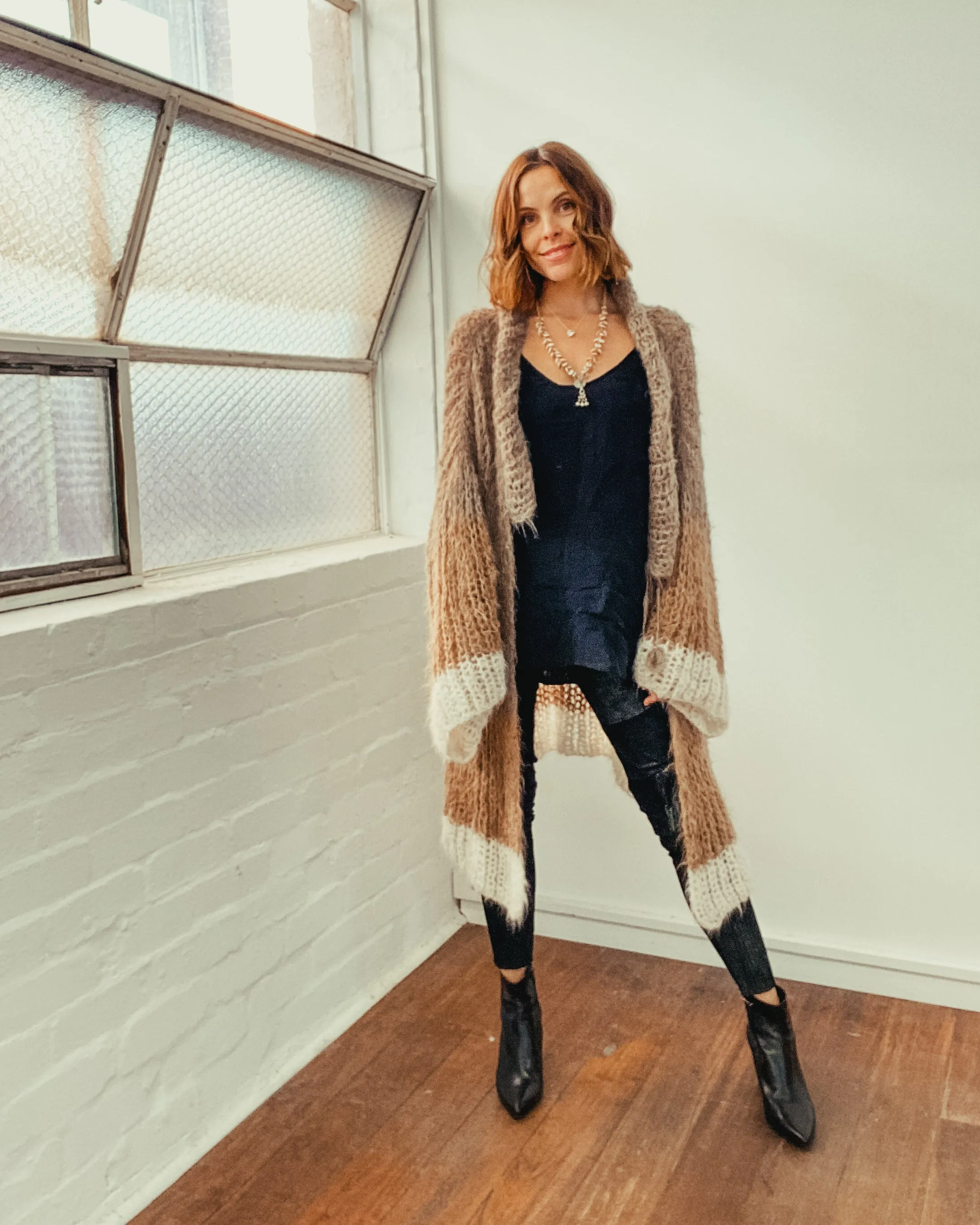 Shawl collar handknit cardigan (alpaca) - tri colour blues