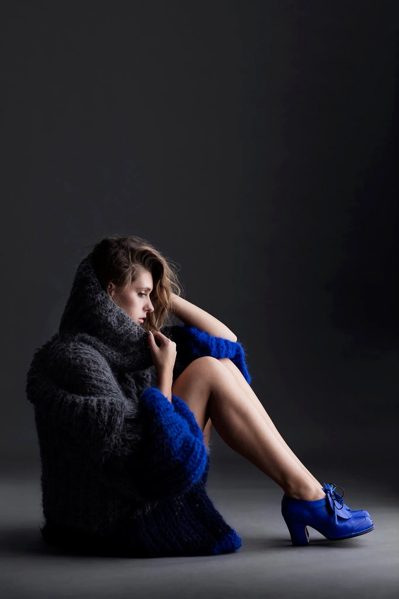 Shawl collar handknit cardigan (alpaca) - tri colour blues