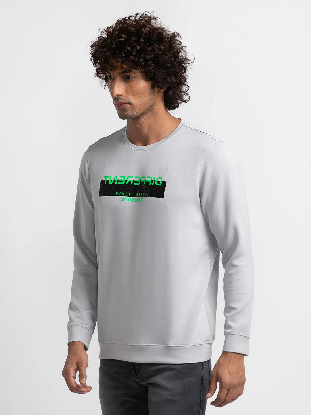 Spykar Silver Grey Cotton Full Sleeve Round Neck Sweatshirt For Men