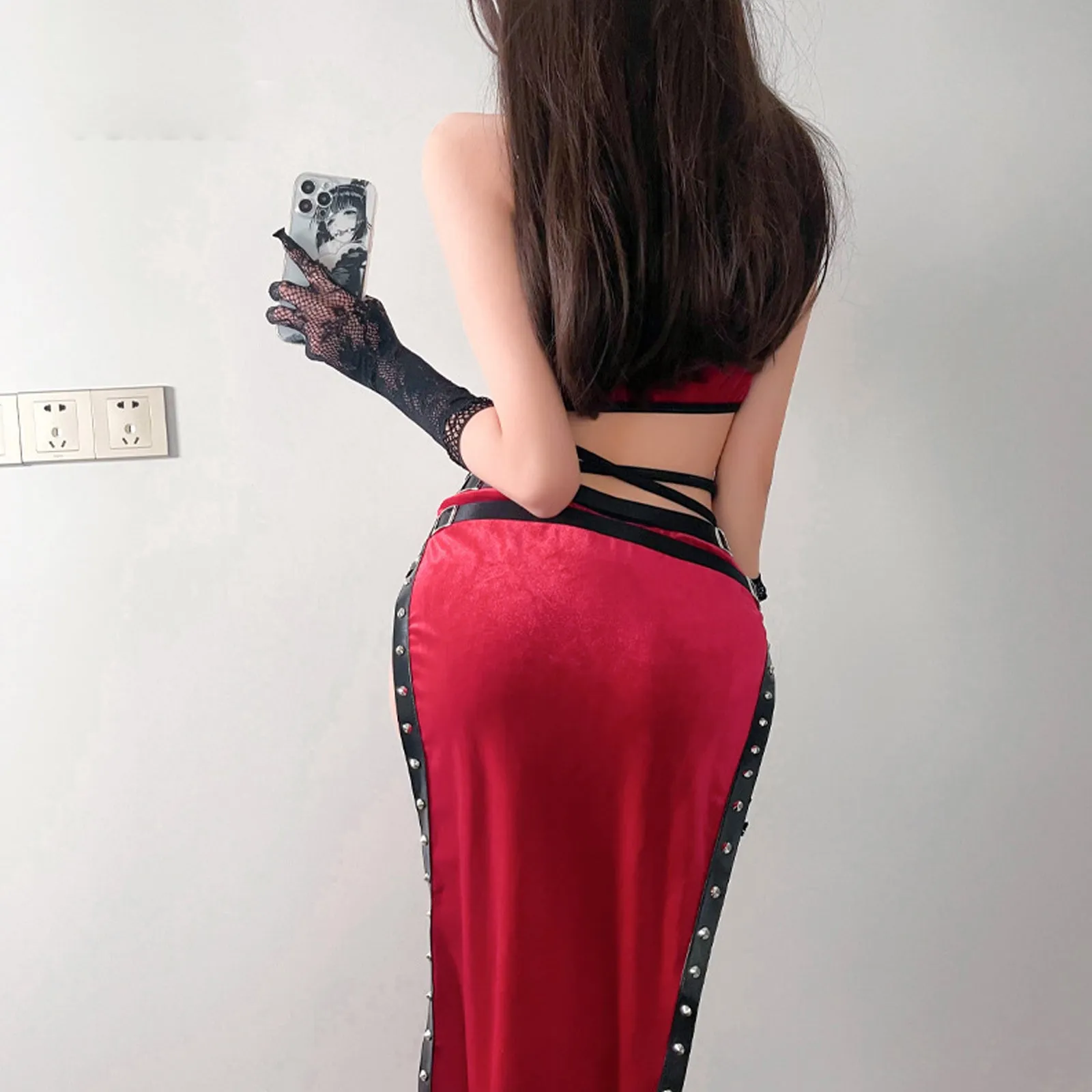 Yomorio High Slit Skirt Set 2 Piece Exotic Devil Cosplay Costume Cut Out Crop Top and Skirt