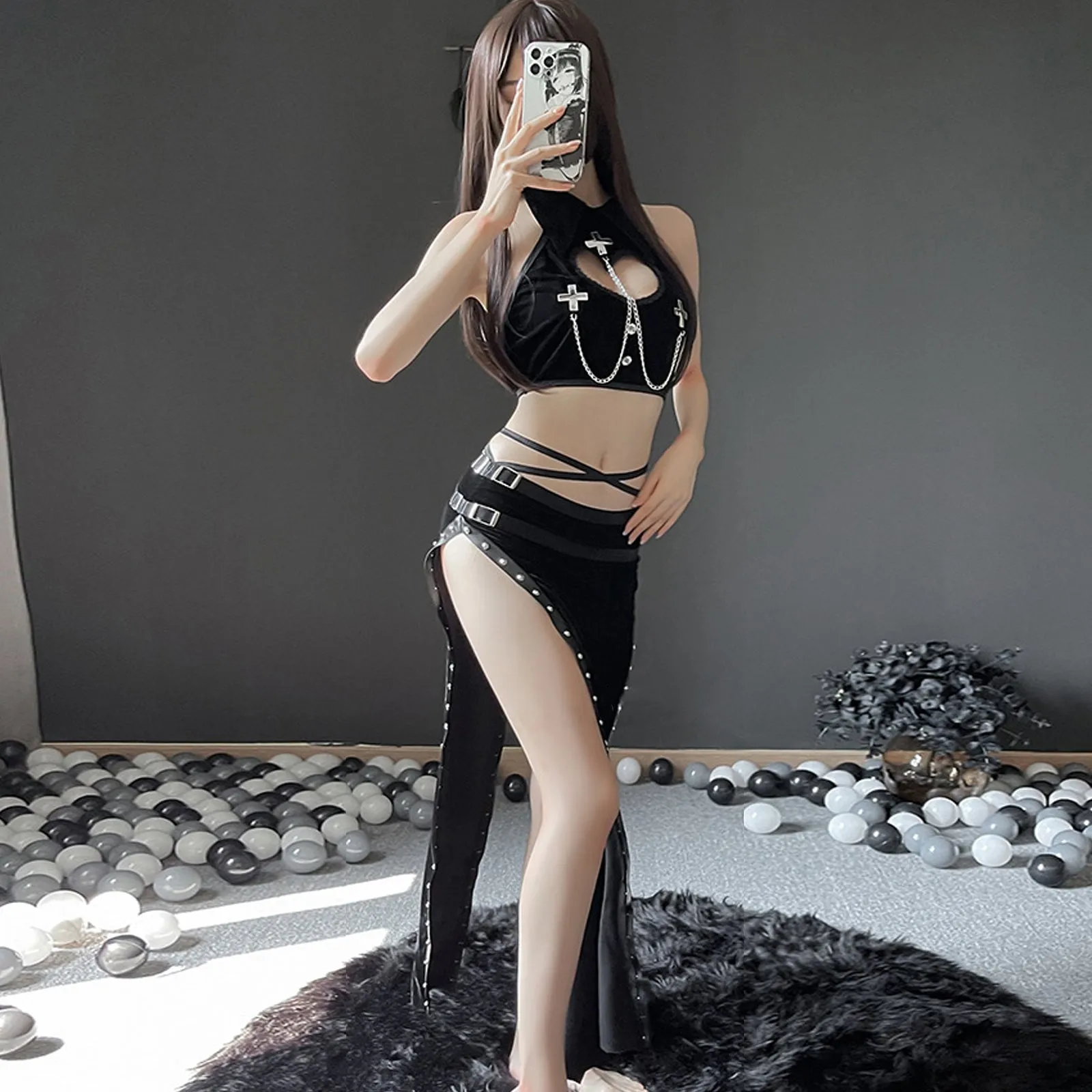 Yomorio High Slit Skirt Set 2 Piece Exotic Devil Cosplay Costume Cut Out Crop Top and Skirt