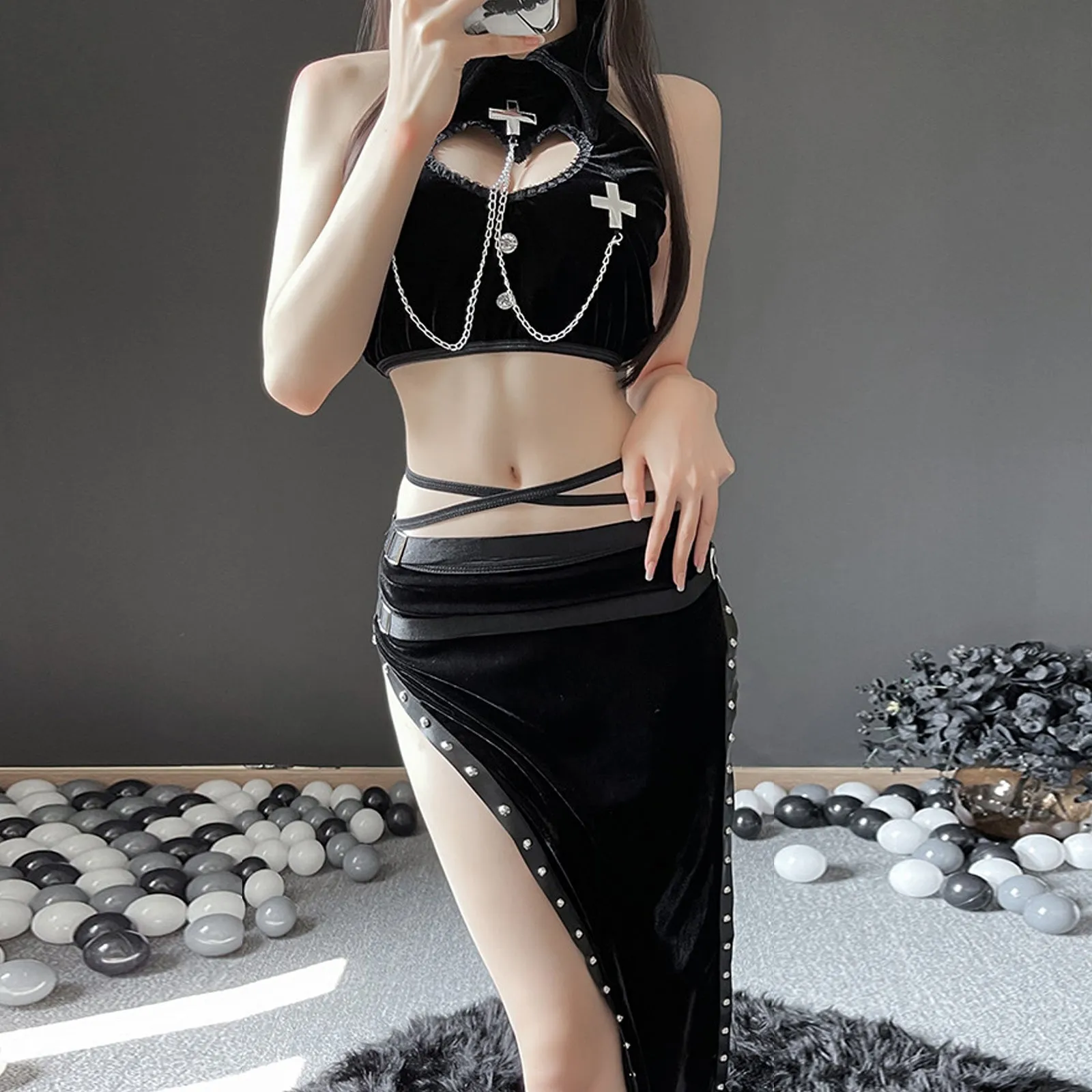 Yomorio High Slit Skirt Set 2 Piece Exotic Devil Cosplay Costume Cut Out Crop Top and Skirt